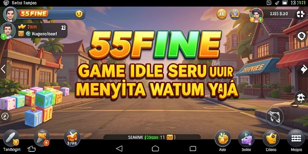 Screenshot gameplay 55FIVE dengan karakter yang ceria dan dunia yang berwarna.