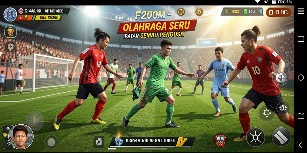 Tampilan gameplay F200M dengan aksi olahraga mendebarkan.