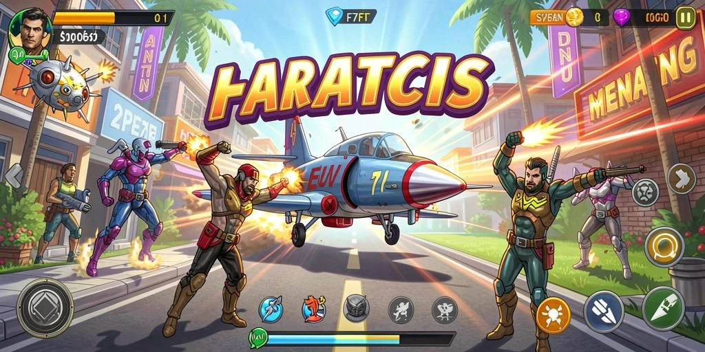 Screenshot gameplay F7F7 menunjukkan karakter melawan rintangan arcade.