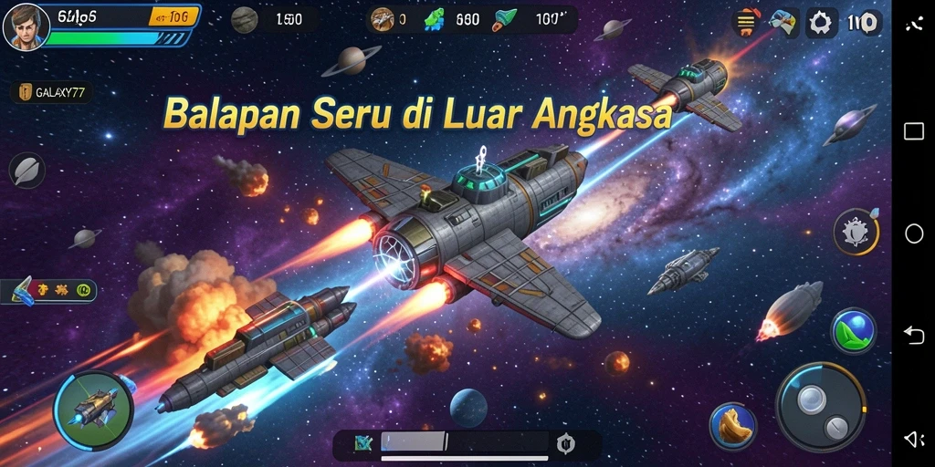 Screenshot gameplay GALAXY77 menampilkan balapan luar angkasa yang mendebarkan.