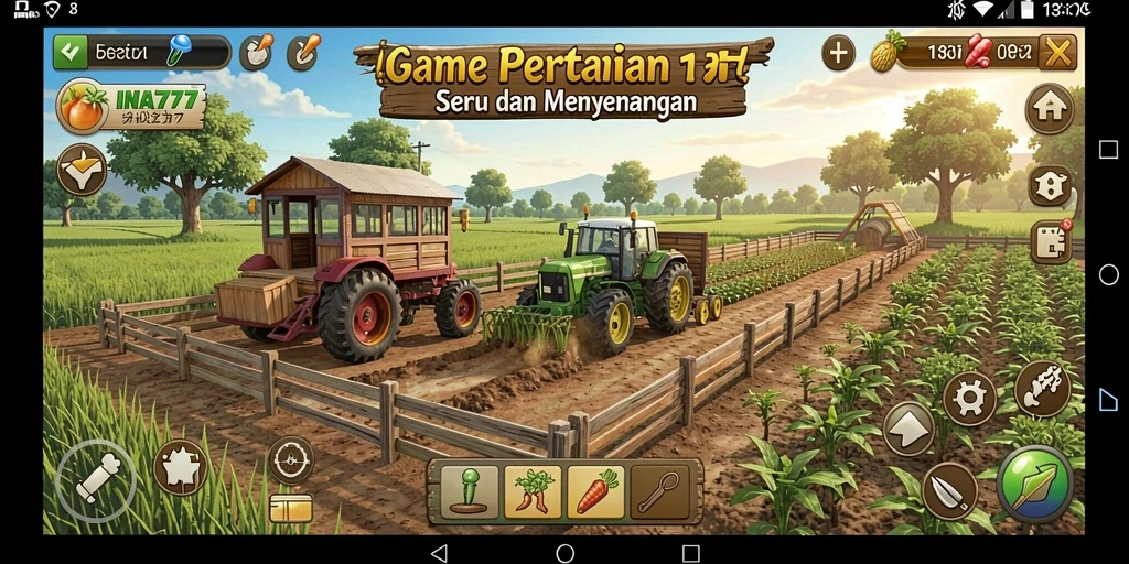 Tampilan gameplay <strong>INA777</strong> dengan lahan pertanian yang subur dan hewan peliharaan.