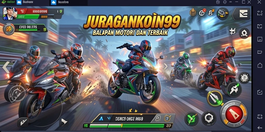 Menampilkan gameplay seru dalam balapan motor di JURAGANKOIN99.
