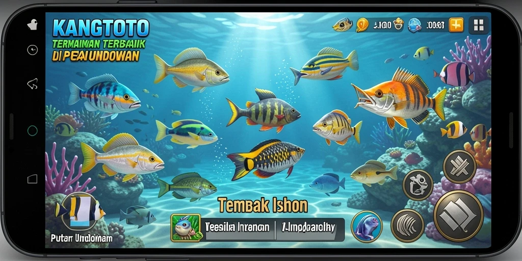 Screenshot gameplay KANGTOTO menampilkan aksi seru menangkap ikan.