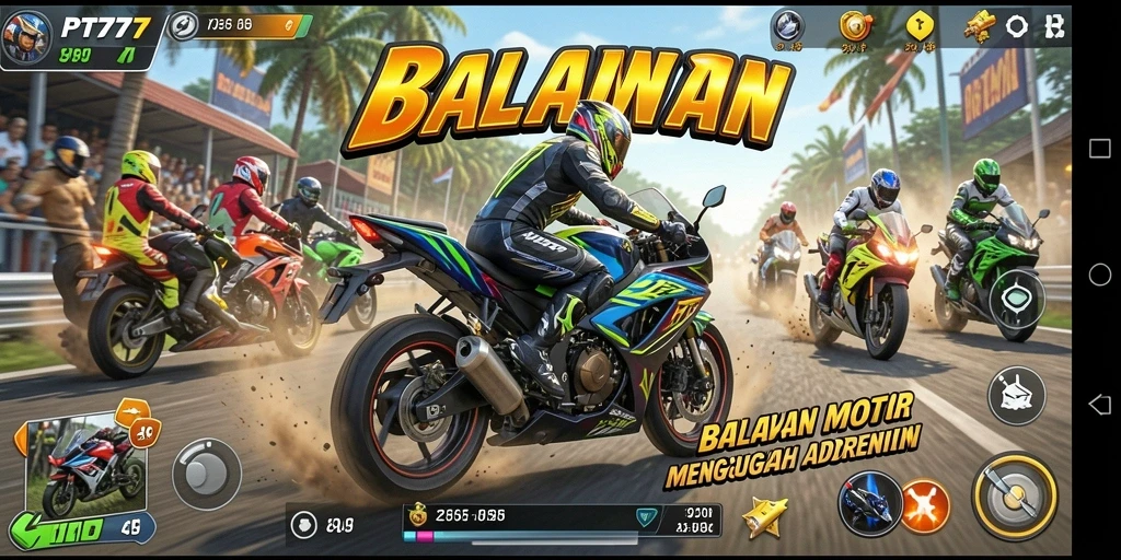 Tangkapan layar menunjukkan aksi balapan motor yang intens.