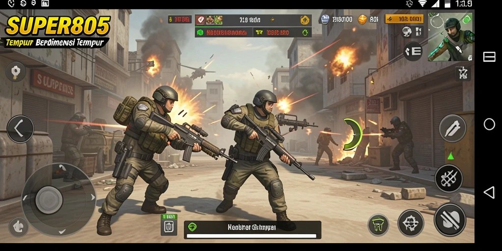 Tampilan gameplay mendebarkan dari SUPER805 dalam pertempuran TPS.
