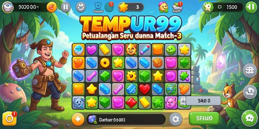 Screenshot utama TEMPUR99 menunjukkan gameplay Match-3 yang seru dan menantang.