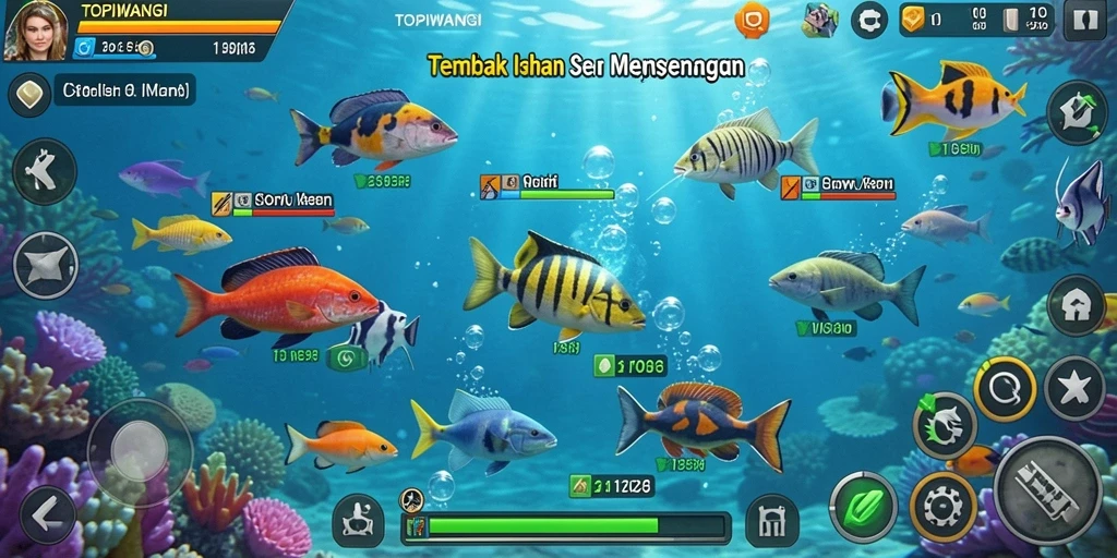 Gameplay seru dari TOPIWANGI saat menangkap ikan di bawah laut.
