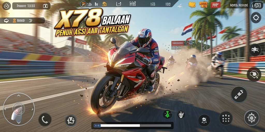 Tangkapan layar dari gameplay X78 yang mendebarkan dalam balapan motor.